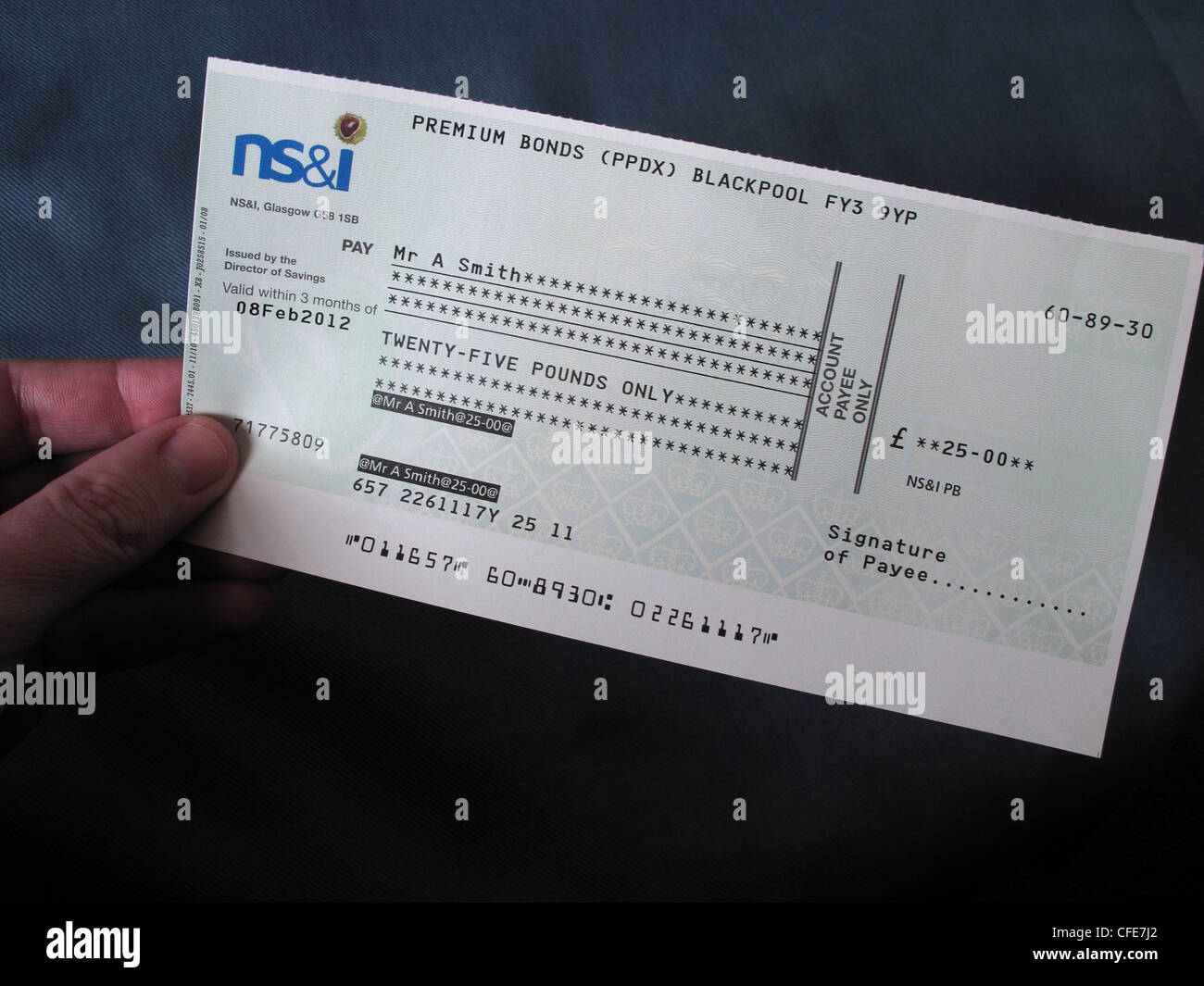 NS&I premium bond cheque held in a hand of the lucky winner Stock Photo