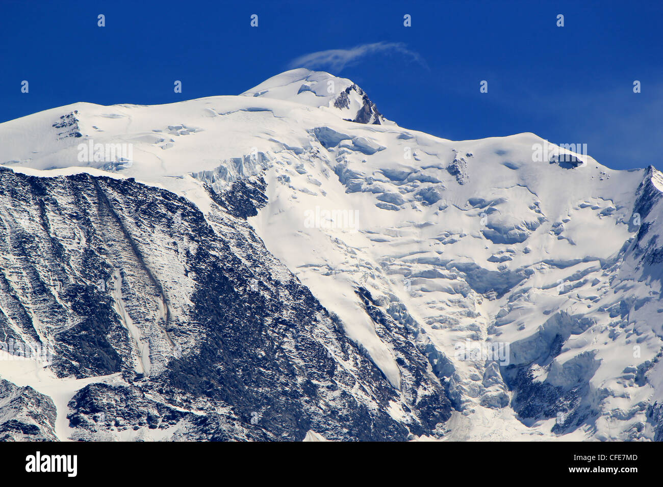 Snowy peak in the MontBlanc massif mountain by beautiful weather