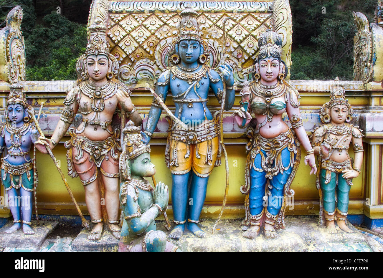 Group of figures on a Hindu temple at Seetha Eliya, Sri Lanka Stock Photo