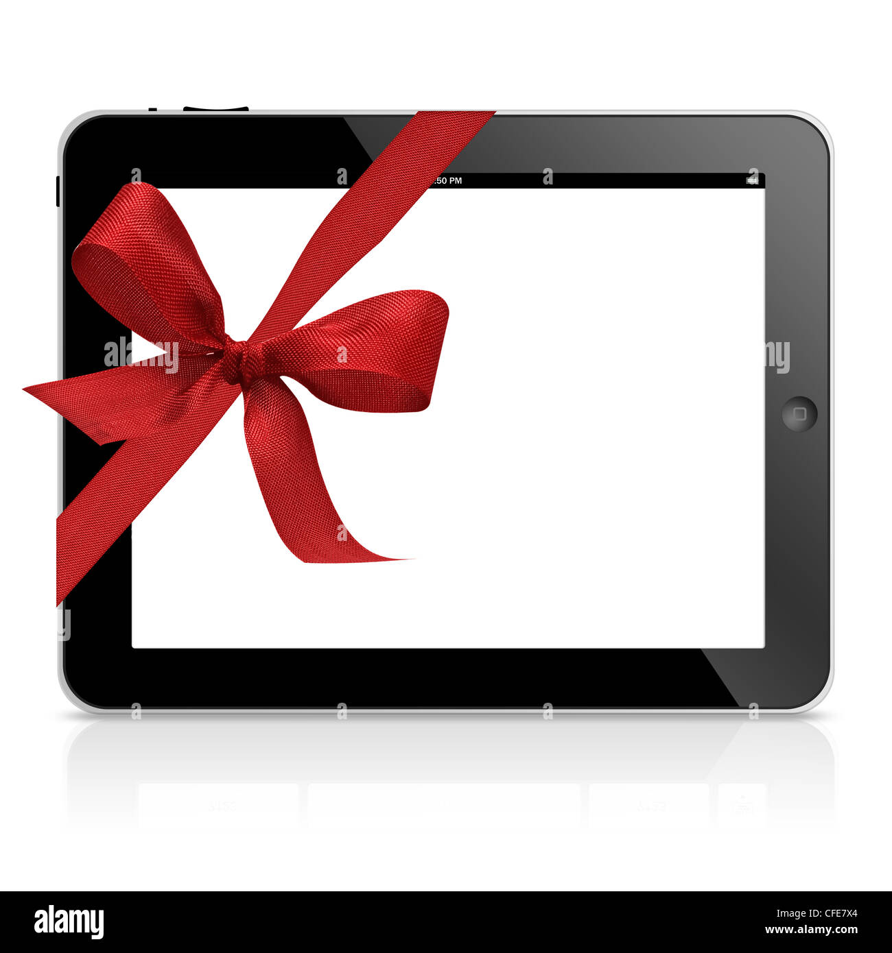 ipad tablet computer with Red Satin gift ribbon isolated on white background Stock Photo