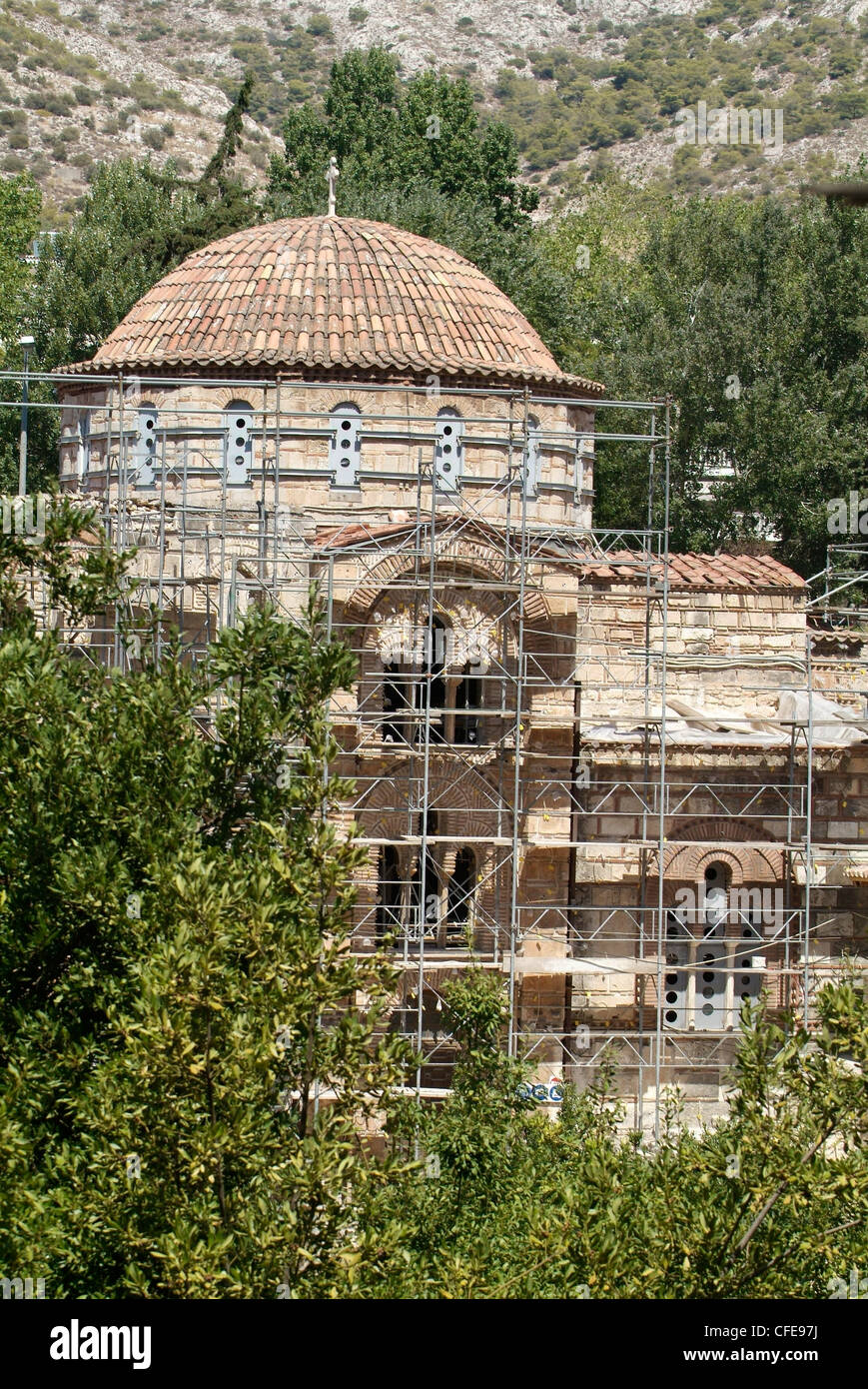 Athens The Monastery Church of Daphni - currently undergoing major refurbishment Stock Photo