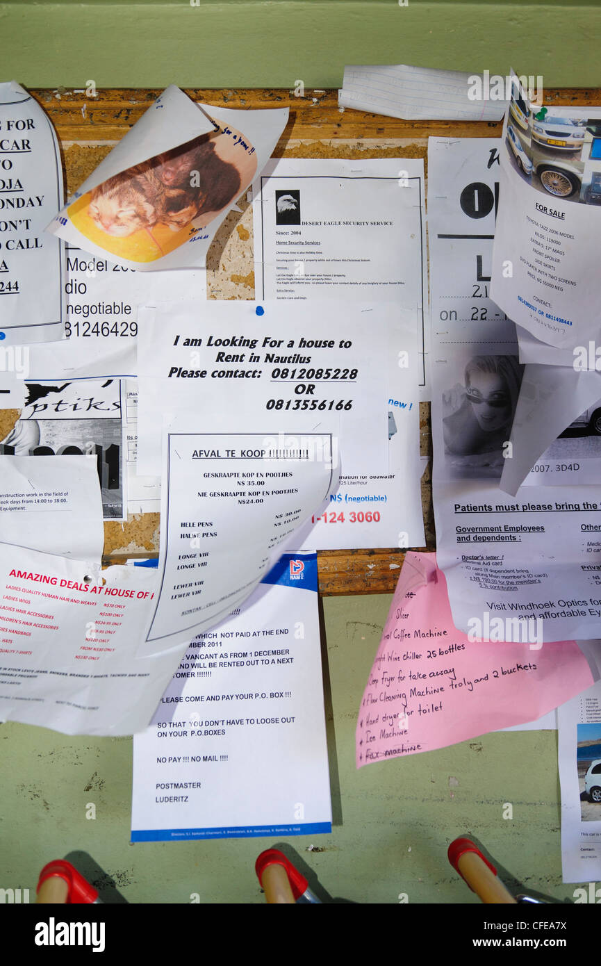 Notice board in a supermarket . Luderitz, Namibia. Stock Photo