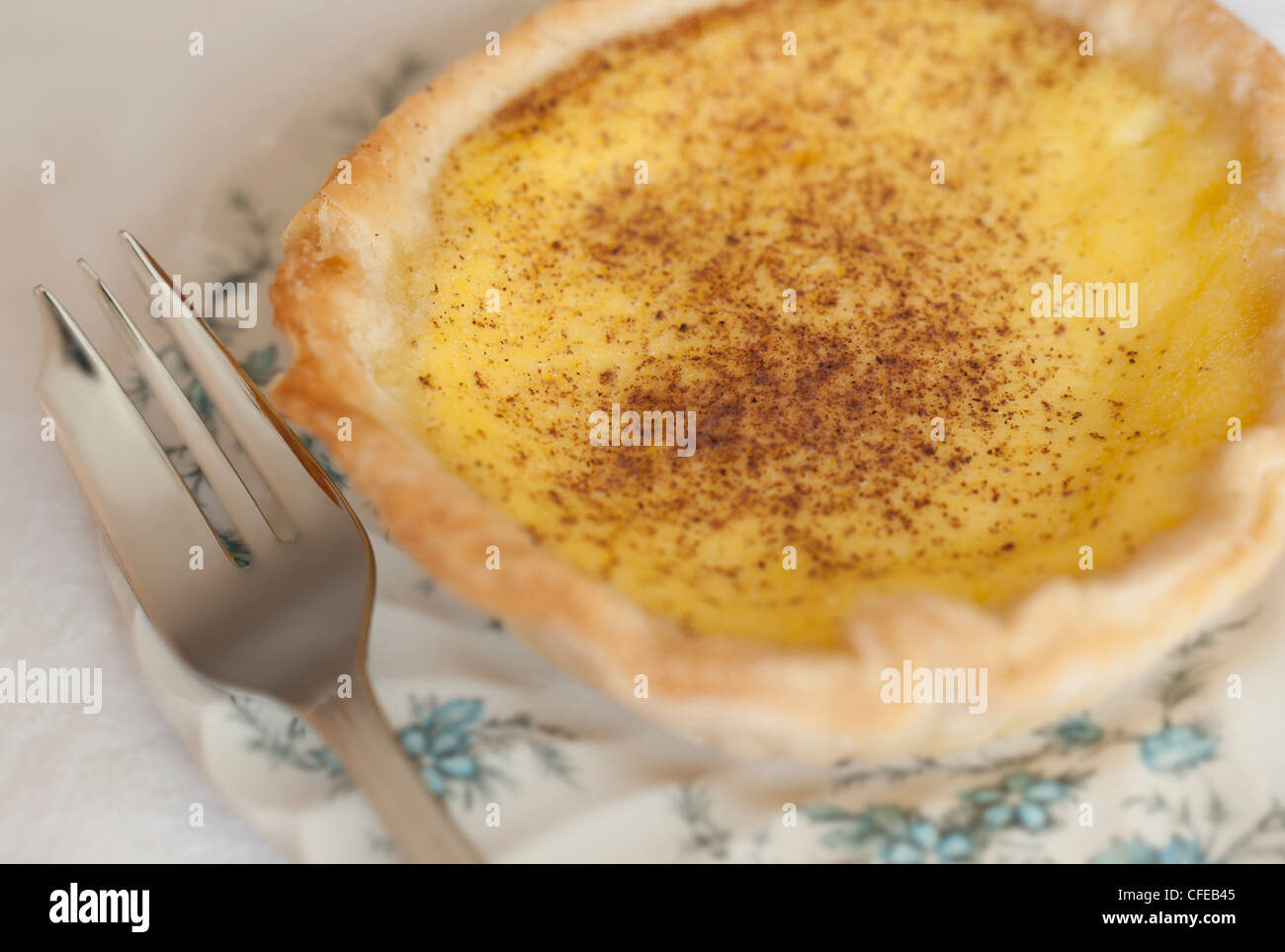 Custard tart on china plate with fork. Stock Photo