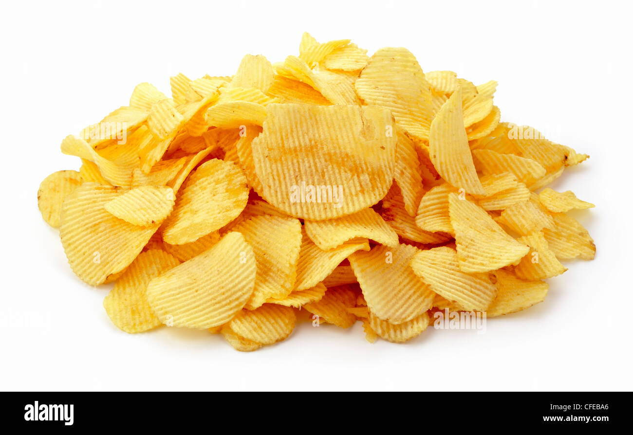 Pile of potato chips on white background Stock Photo Alamy