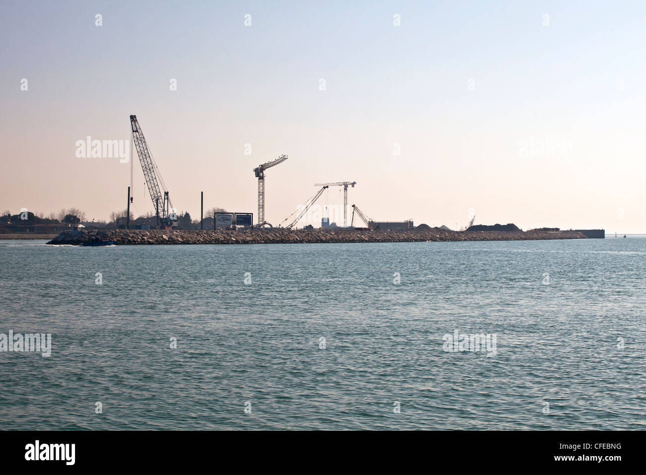 Construction site, lagoon of Venice, MO.SE, Modulo Sperimentale Elettromeccanico, water dam, Italy Stock Photo