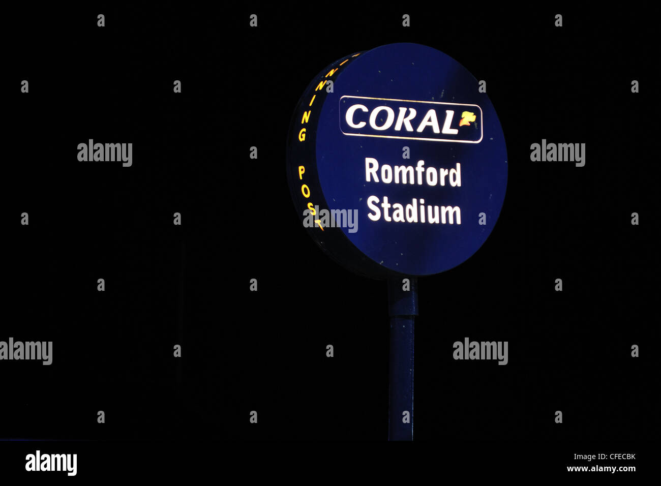 Romford stadium winning post at night Stock Photo