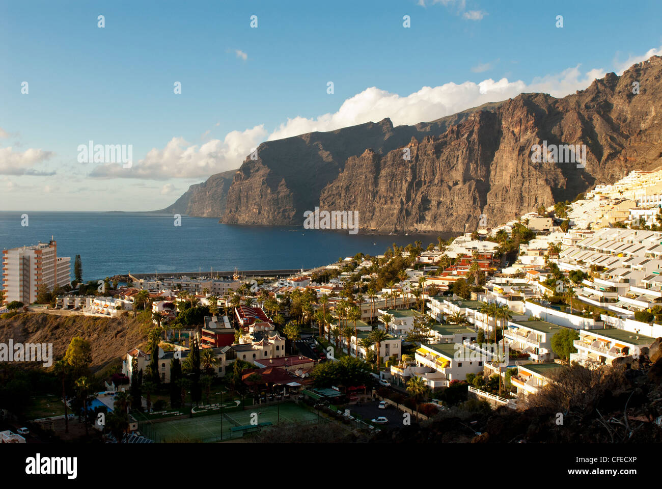 View towards the cliffs and town of Los Gigantes, Tenerife, Canary Islands, Spain. Stock Photo