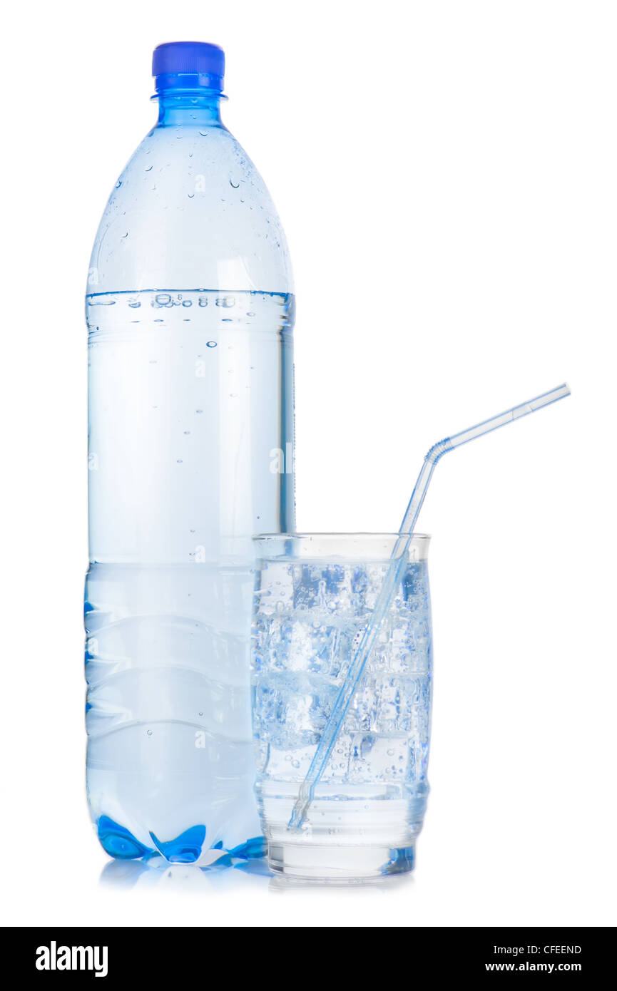 Plastic bottle and glass with straw of iced mineral water with bubbles on white background