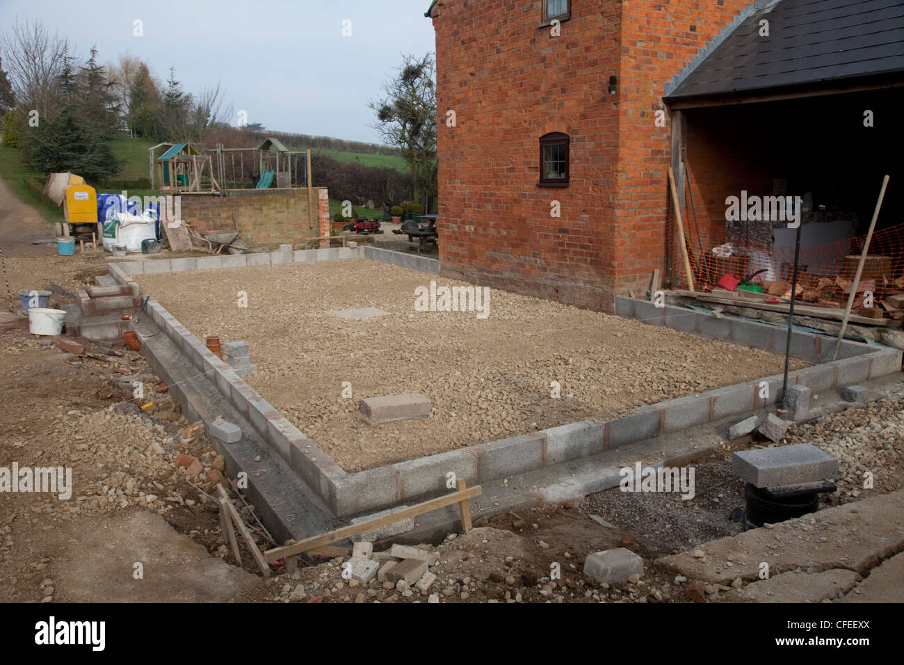 Compacted foundations for house extension with radon trap Colemans Hill Cottage Mickleton Chipping Campden UK Stock Photo