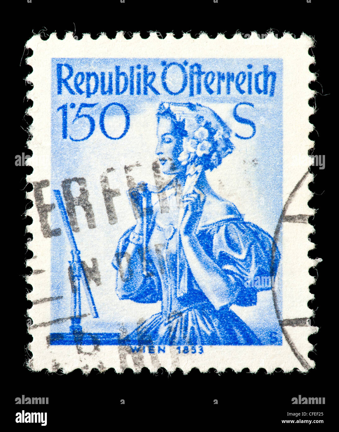 Postage stamp from Austria depicting a woman from Vienna in 1853 Stock