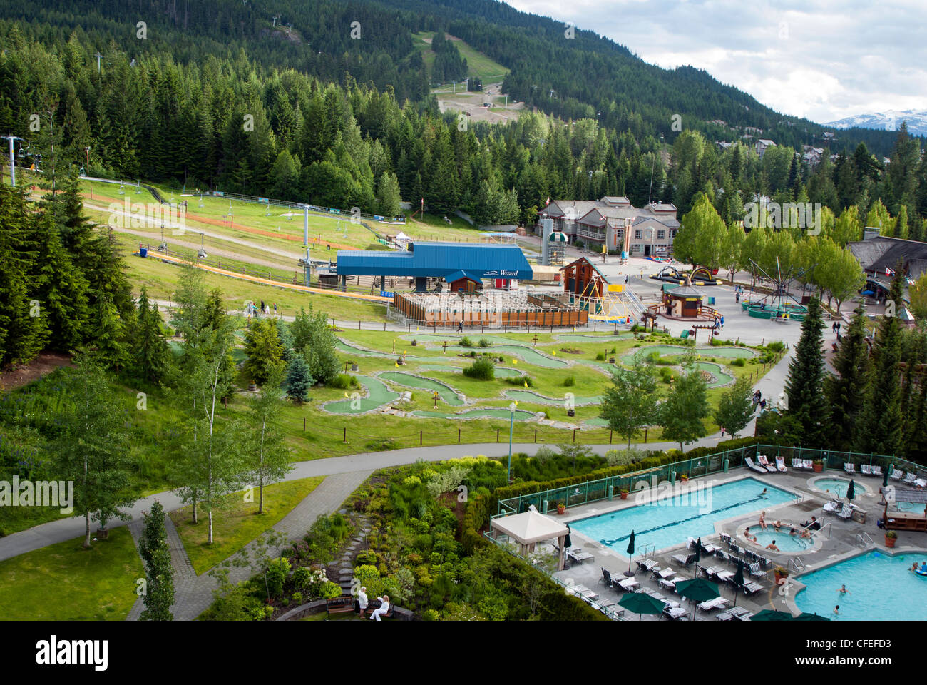 Looking down on a hotel swimming pool and the Upper Village at Whistler