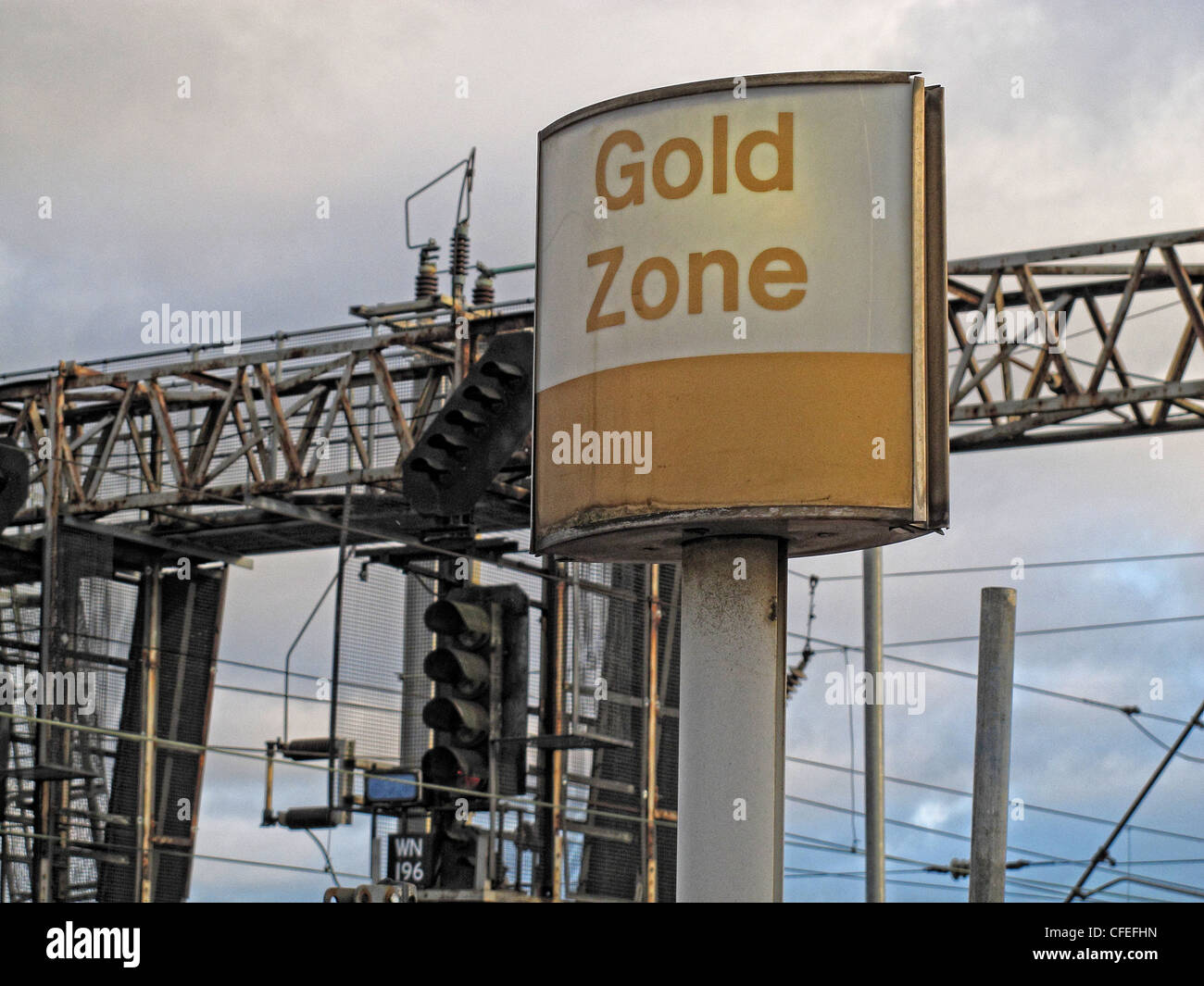 Gold Zone Virgin trains sign, Warrington Bank Quay, Parker St, Warrington, Cheshire , UK Stock Photo