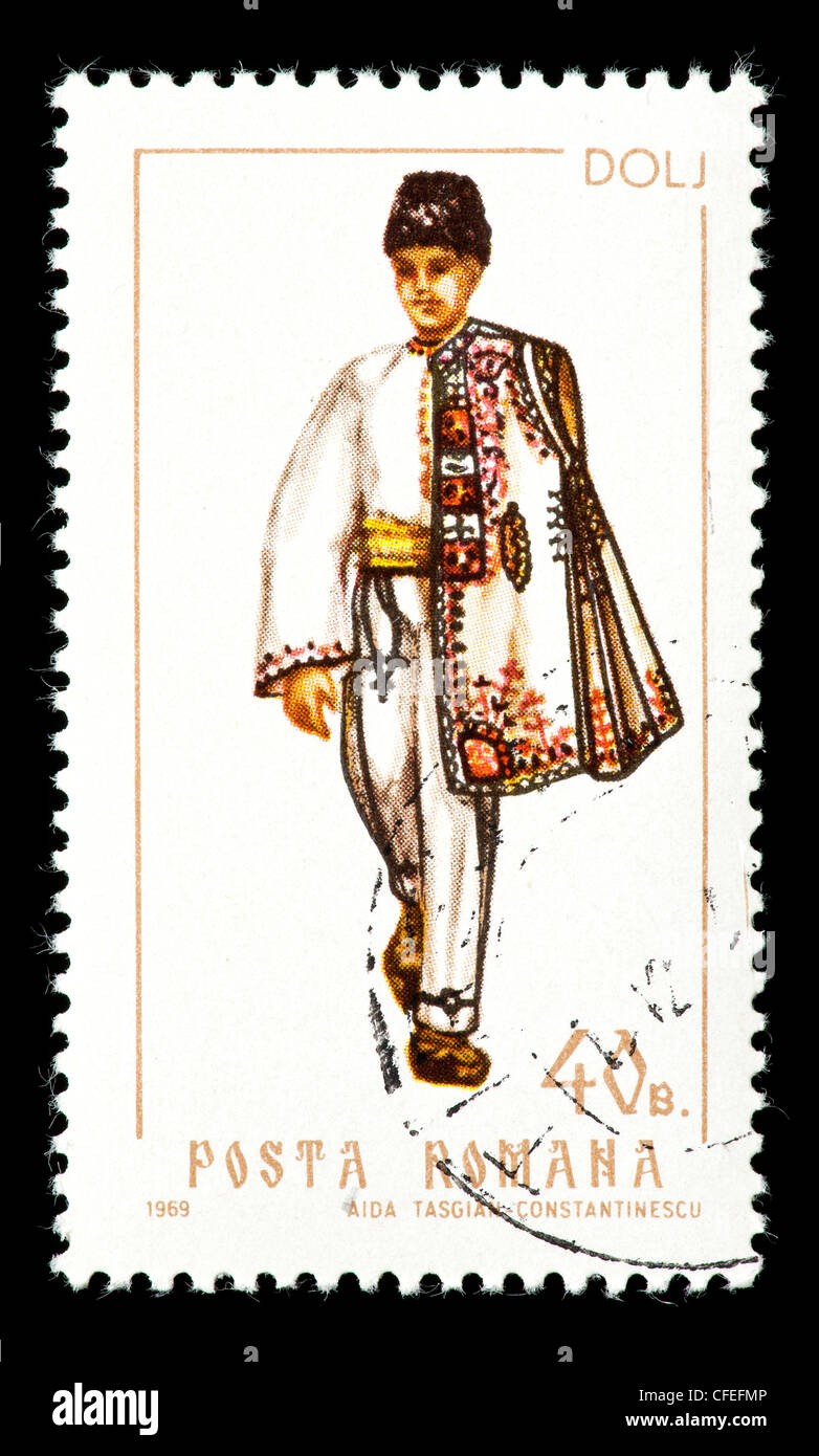 Postage stamp from Romania depicting man from Dolj dressed in local attire. Stock Photo