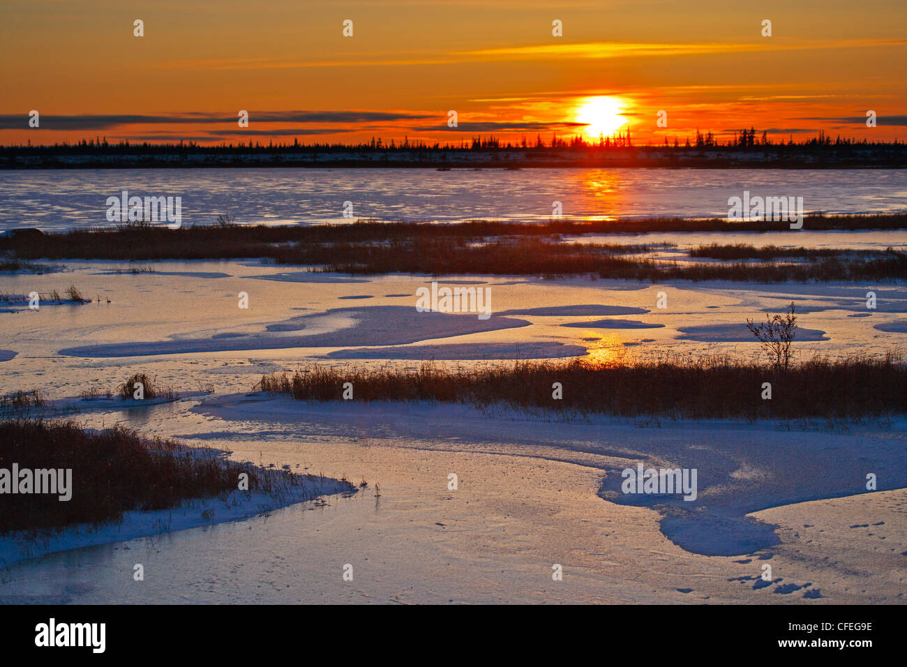 Sunset over a frozen lake in the Churchill Wildlife Management Area, Churchill, Manitoba, Hudson Bay, Canada. Stock Photo