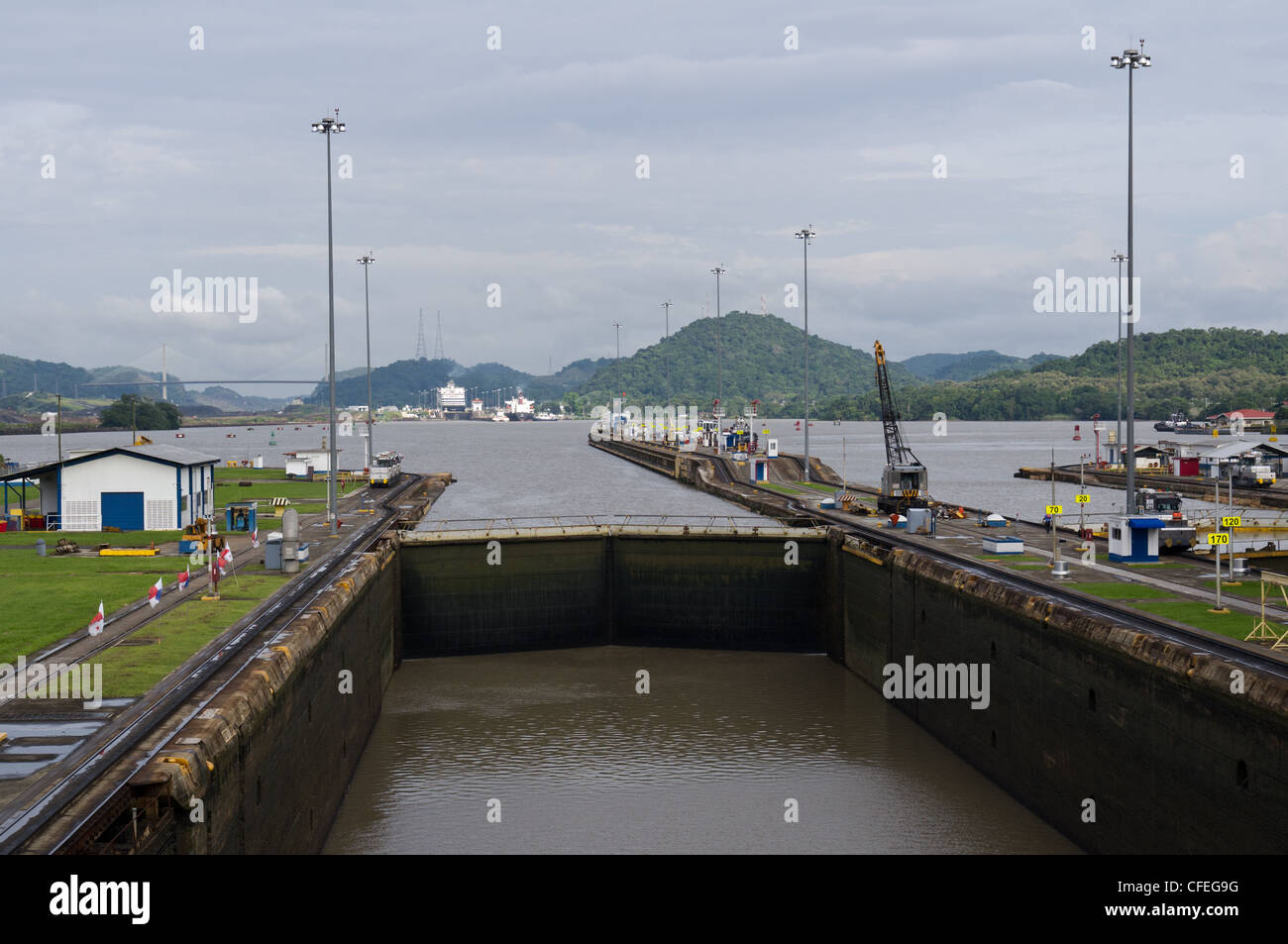 Gates and basin of Miraflores Locks Panama Canal filling with water