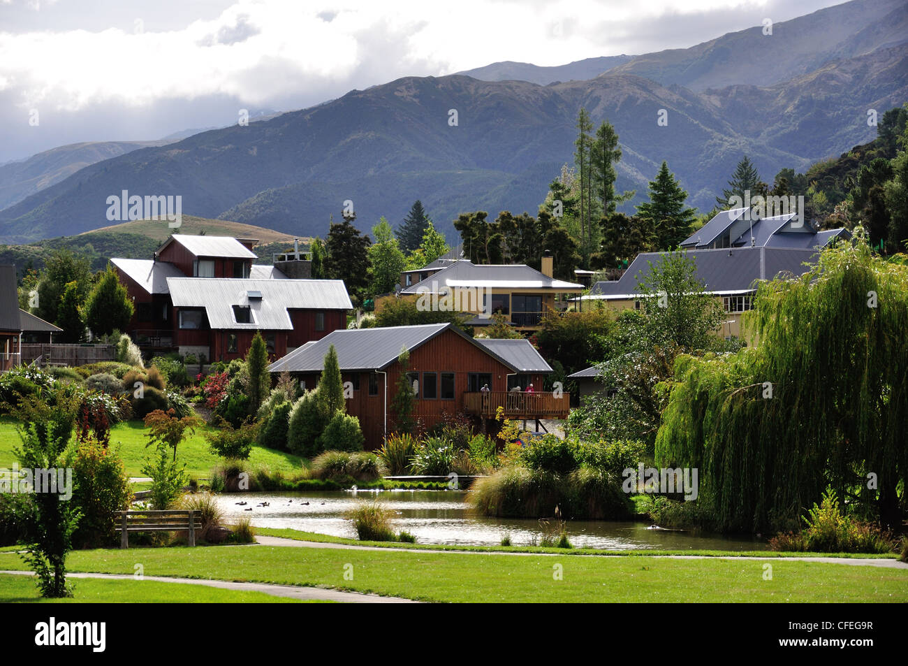 Houses in Hanmer Springs, North Canterbury, Canterbury Region, South Island, New Zealand Stock Photo