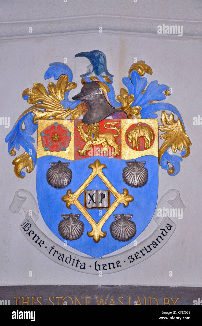 School crest on wall of chapel at Christ's College, Rolleston Avenue, Christchurch, Canterbury Region, South Island, New Zealand Stock Photo