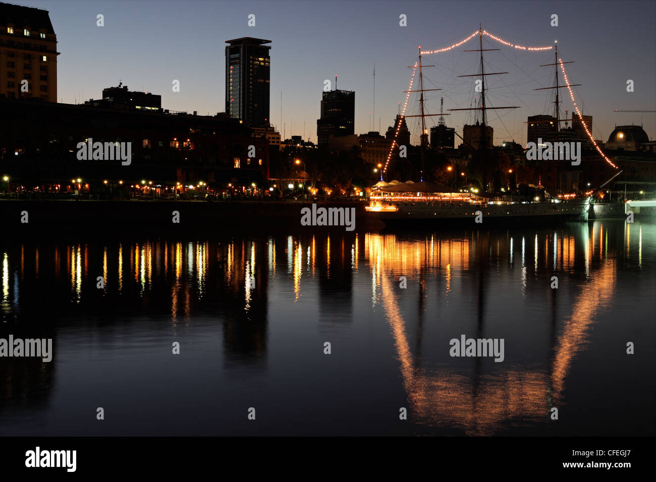 View of the old harbor area (Puerto Madero) by night, Buenos Aires, Argentina Stock Photo