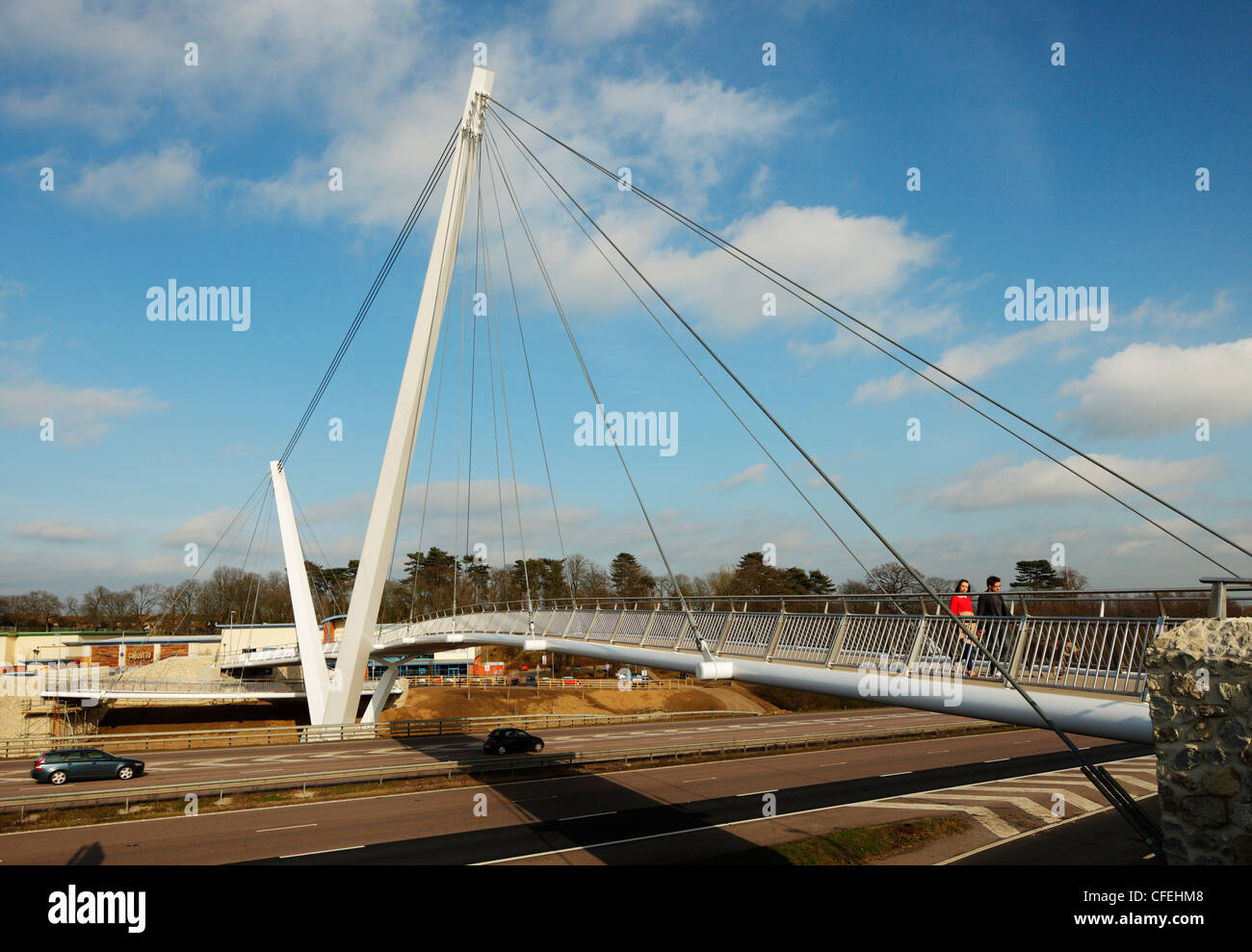 New footbridge crossing the M20 at Ashford, Kent. Stock Photo