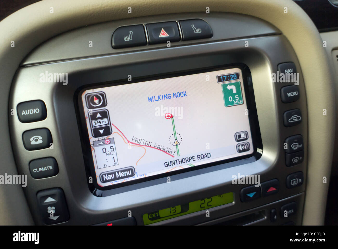 Satnav screen in a Jaguar x-type. Stock Photo