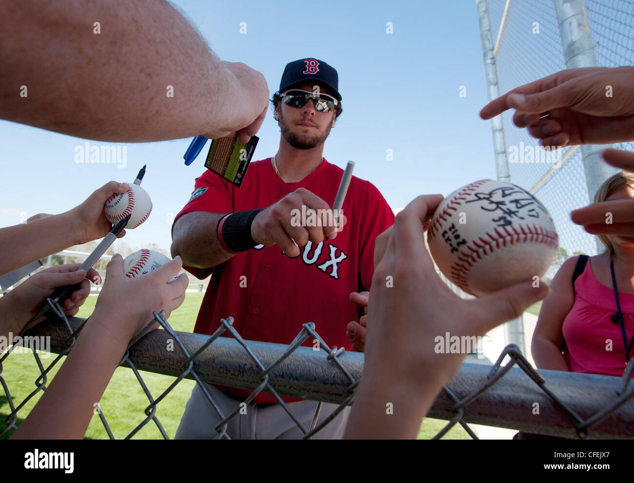 Boston Red Sox catcher Jarrod Saltalamacchia signs autographs at the team's spring training facility in Fort Myers, Florida Stock Photo