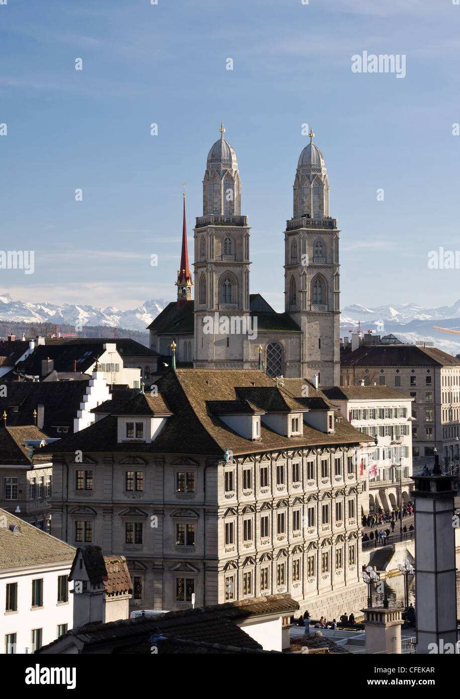 Grossmuenster church and Zurich city center Stock Photo
