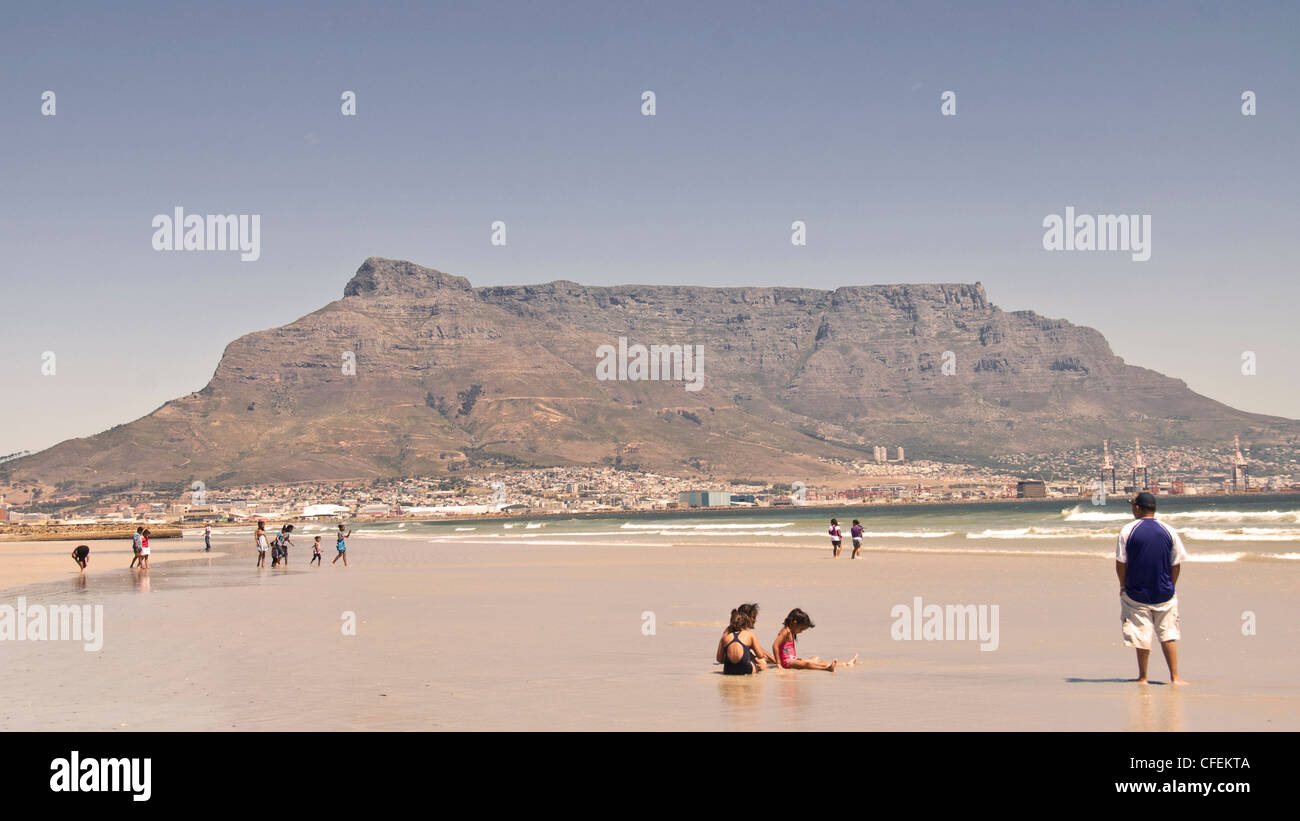Table Mountain and Cape Town from the beach at Milnerton Stock Photo
