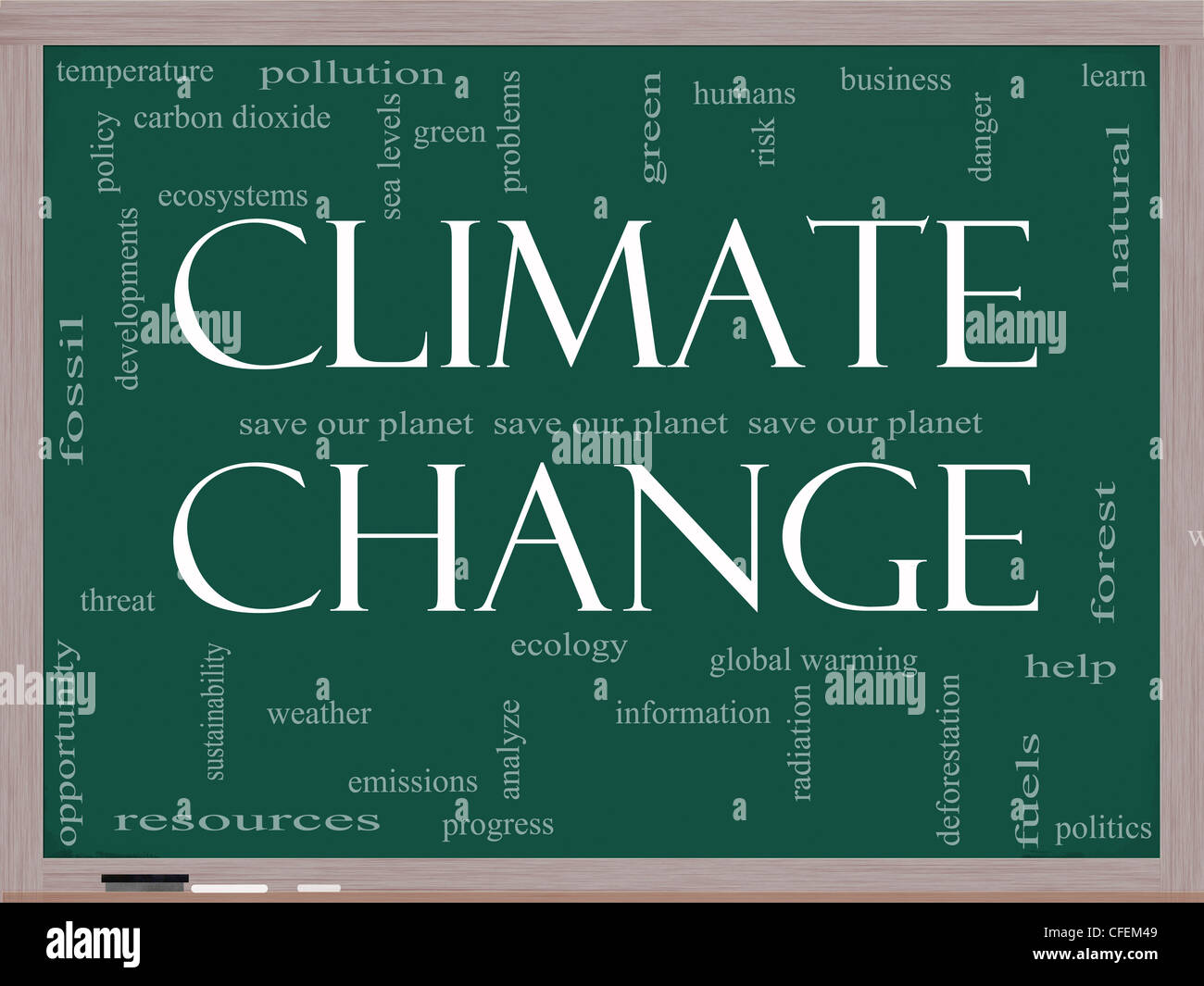 A Climate Change word cloud concept on a blackboard with terms such as save, planet, global, warming, green and more. Stock Photo