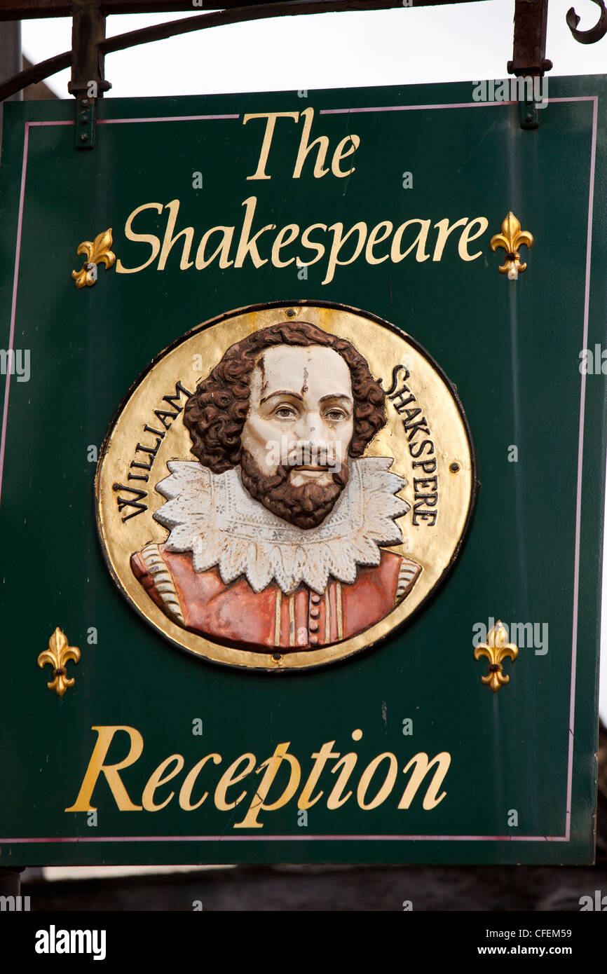 UK, England, Warwickshire, Stratford on Avon, Shakespeare Hotel sign, featuring portrait of the bard Stock Photo