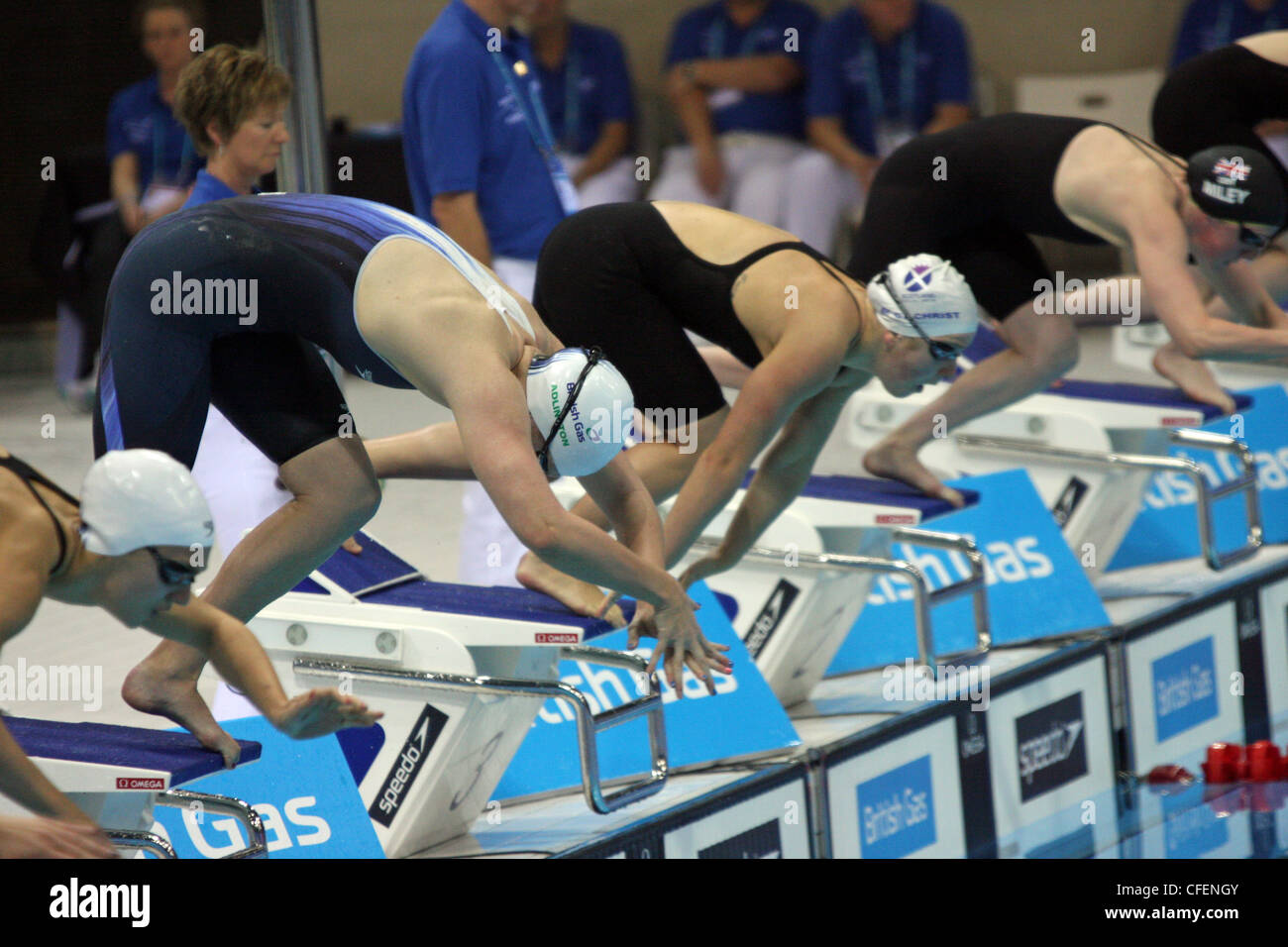 Eleanor Faulkner, Rebecca Adlington, Megan Gilchrist, Hannah Miley at the start of the Womens Open 800m Freestyle - Final. Stock Photo