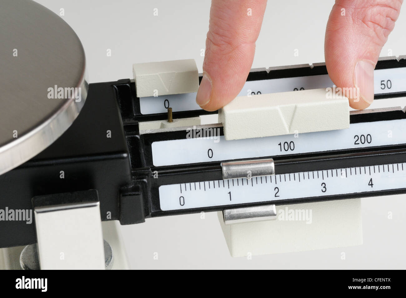 Triple beam balance for taking the mass of chemicals in a science lab or classroom Stock Photo