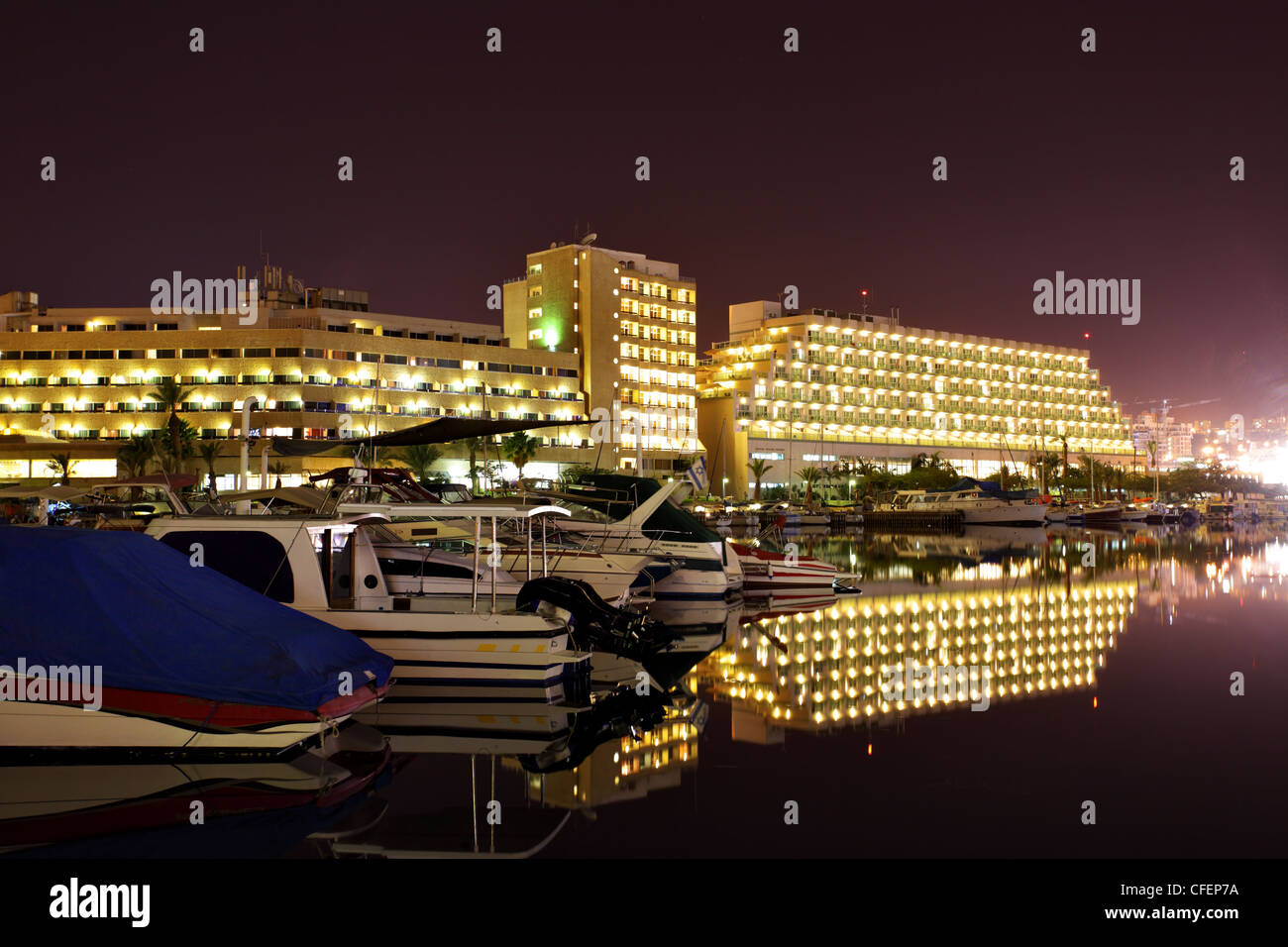 Hotels and yachts at night. Eilat. Israel. Stock Photo