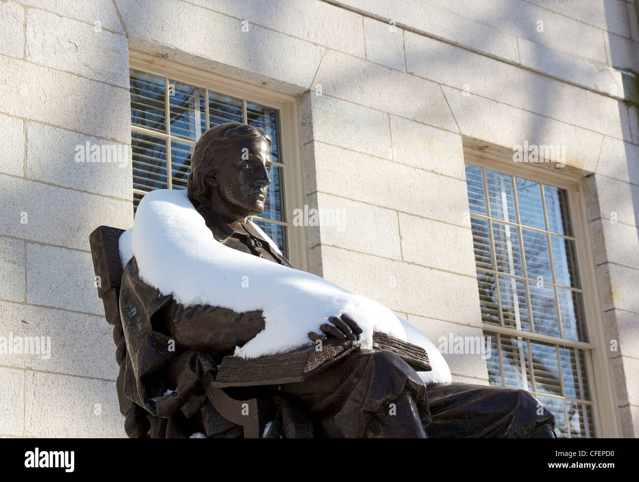 Harvard University campus' famous John Harvard Statue on the day after