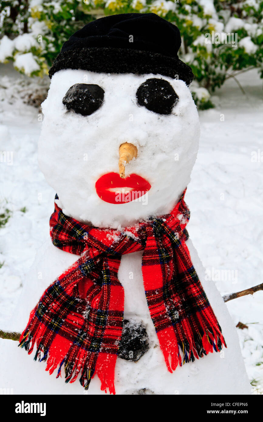Snowman with coal eyes and tartan scarf Stock Photo Alamy