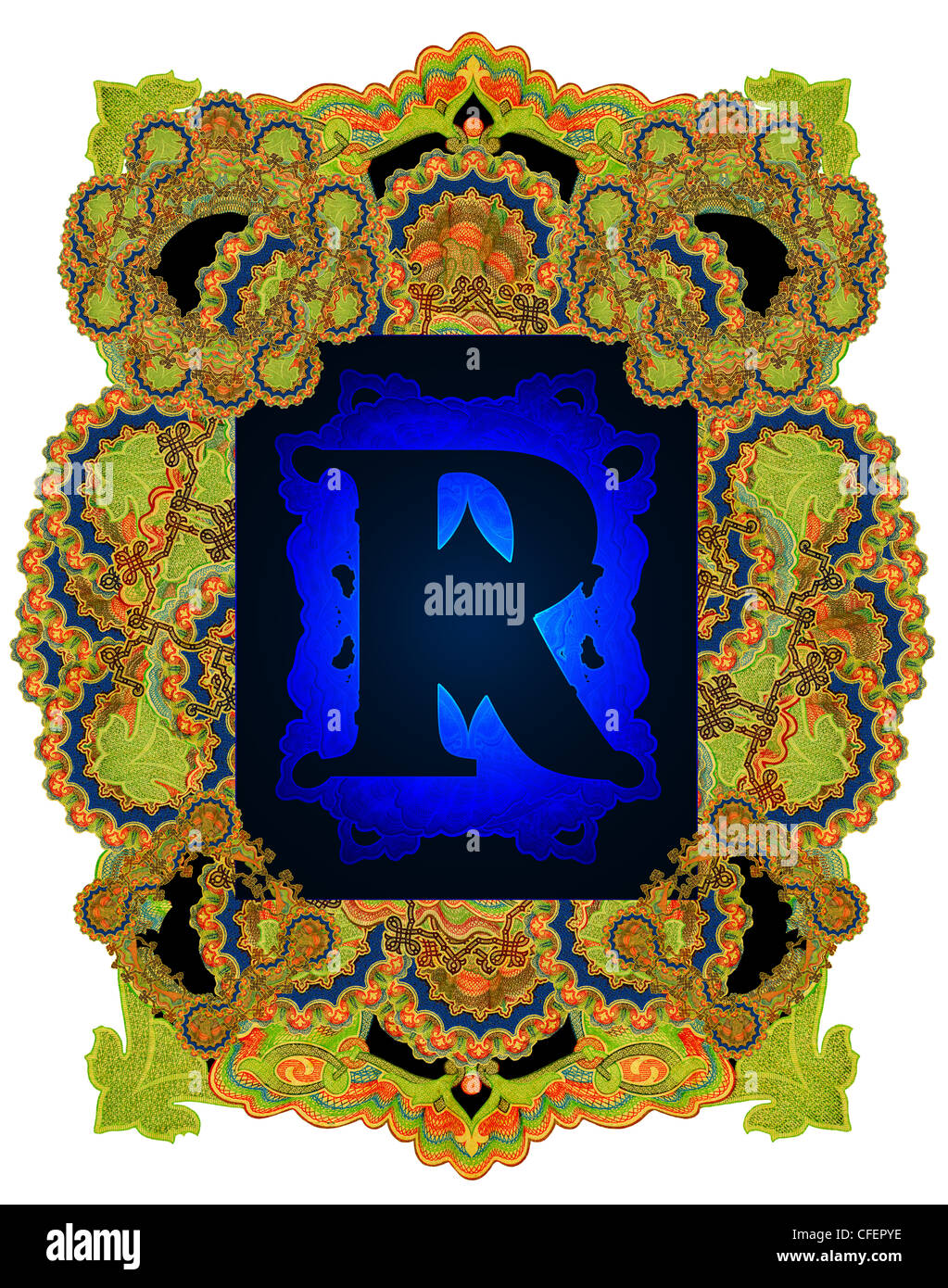 Vintage initials letter R, after a old commercial paper of the Russian ...