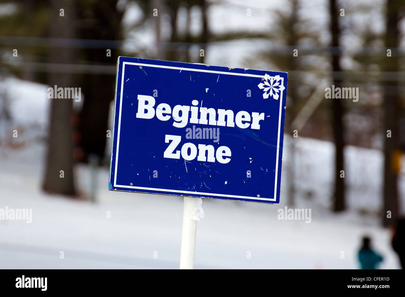 Sign marking the beginner zone on the ski slopes. Stock Photo