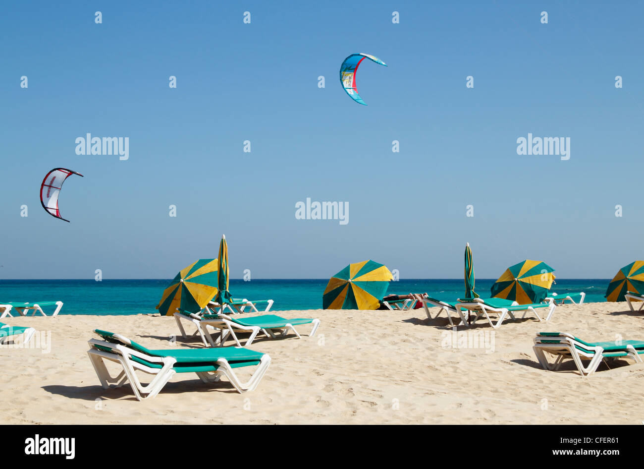 Kitesurfing from Flag beach, Corralejo, Fuerteventura, Canary Islands