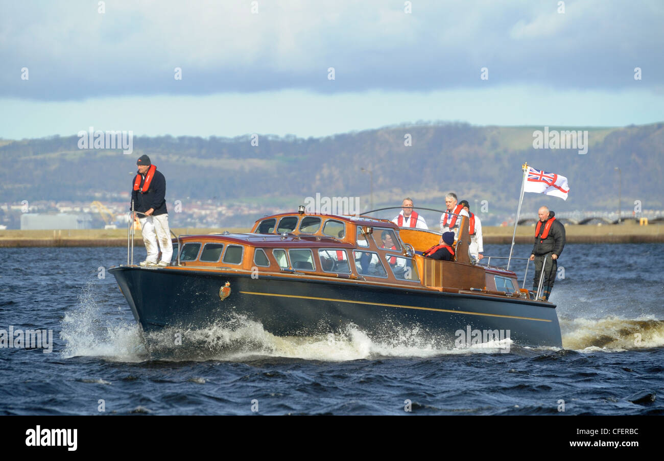 Royal Yacht Britannia barge on a sea trial in Leith Harbour, before