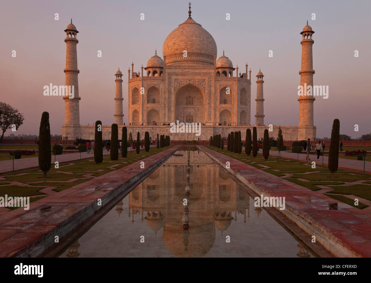 Taj Mahal at sunset with reflection in water pool, Agra, India Stock Photo