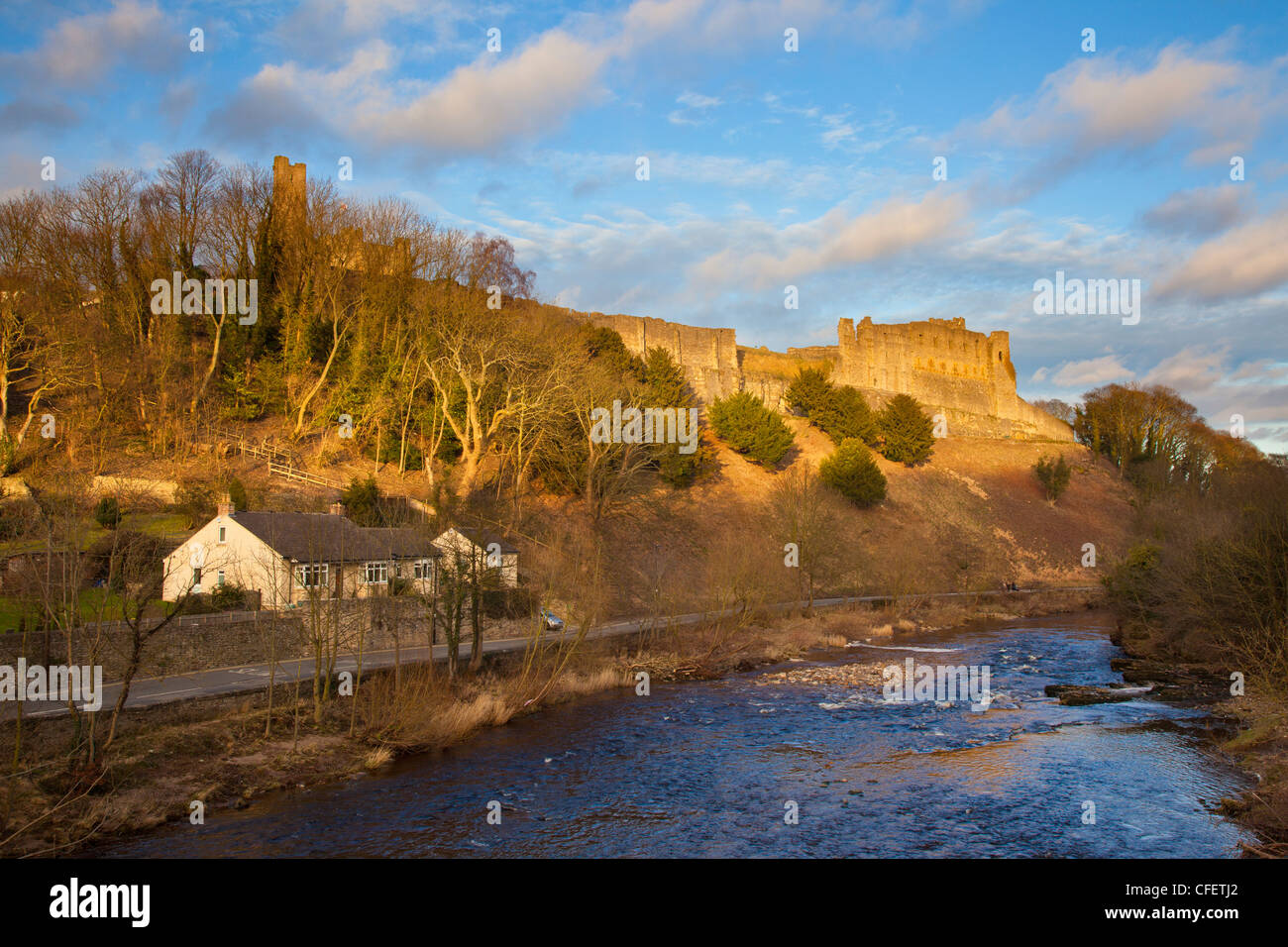 Richmond Castle on the banks of The River Swale near sunset Richmond, Richmondshire, North Yorkshire, UK Stock Photo