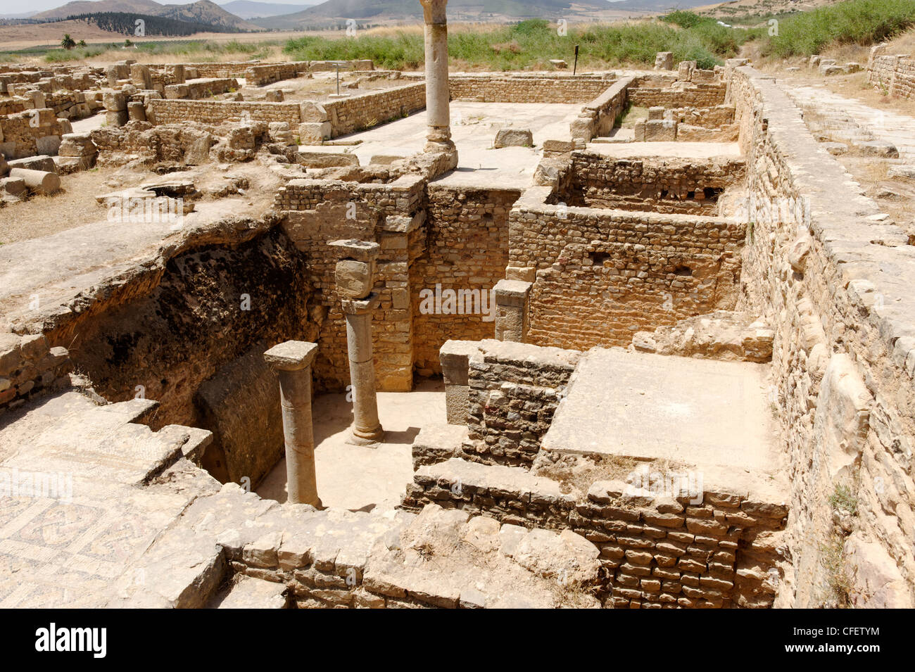 Bulla Regia. Tunisia. View of the underground five columned hall of the