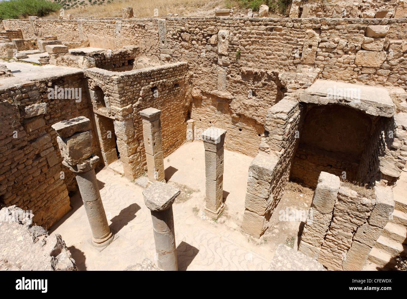 Bulla Regia. Tunisia. View of the underground five columned hall of the