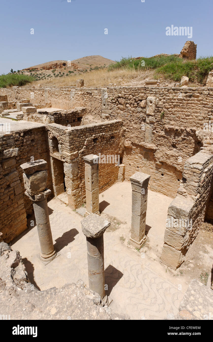 Bulla Regia. Tunisia. View of the underground five columned hall of the