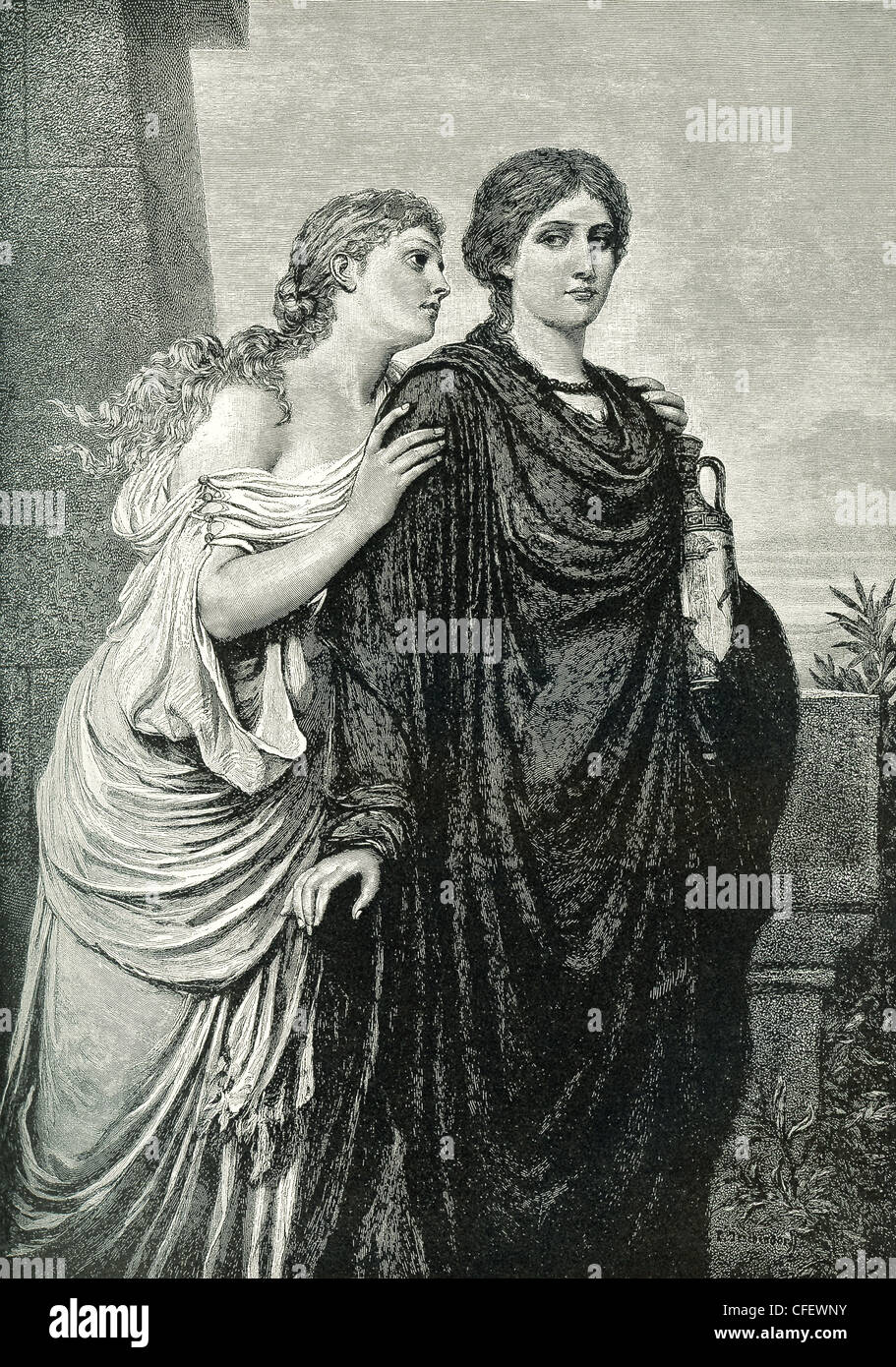 Antigone was the daughter of the Greek king Oedipus and his wife Jocasta. She is shown here with her sister Ismene. Stock Photo