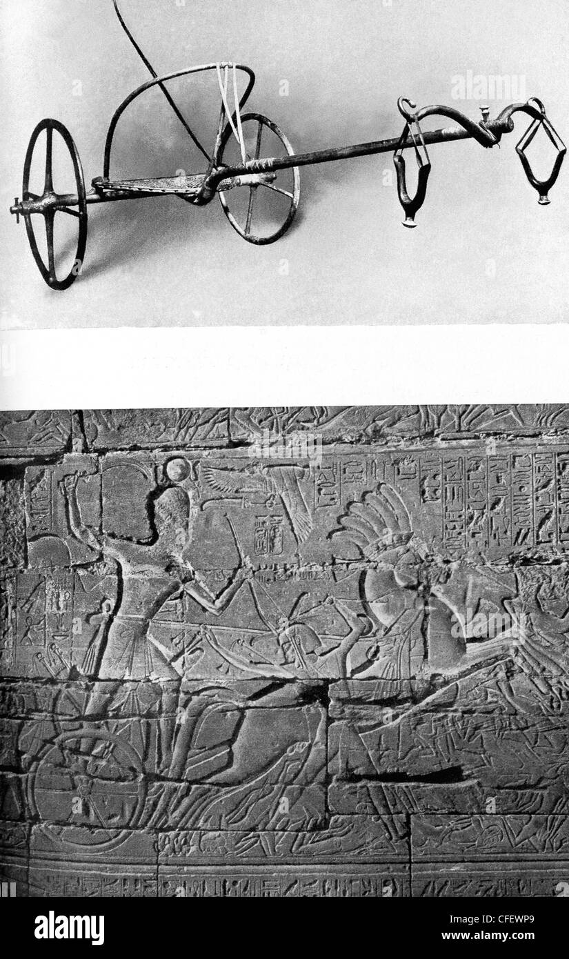 Top: ancient Egyptian chariot. Bottom:  Seti I in his chariot heading to battle. Stock Photo