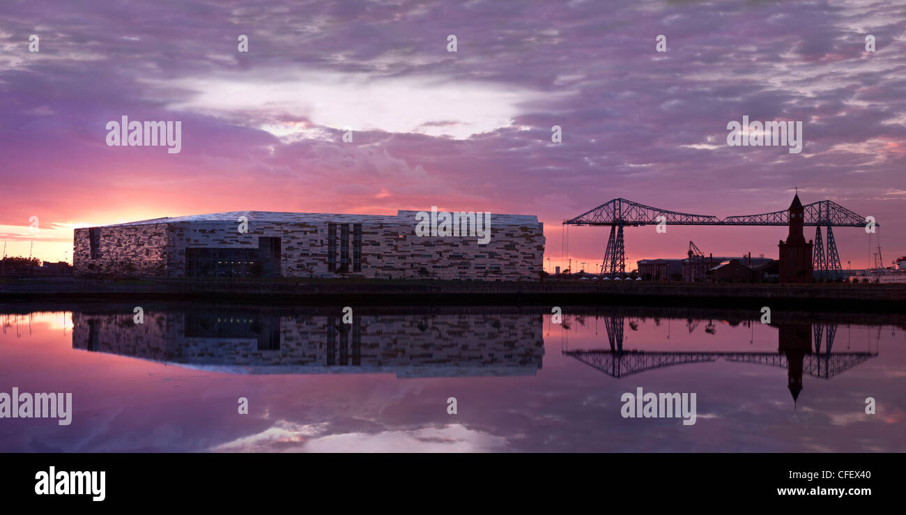 Middlesbrough College and Transporter Bridge at night with beautiful pink sky on this stitch panoramic Stock Photo