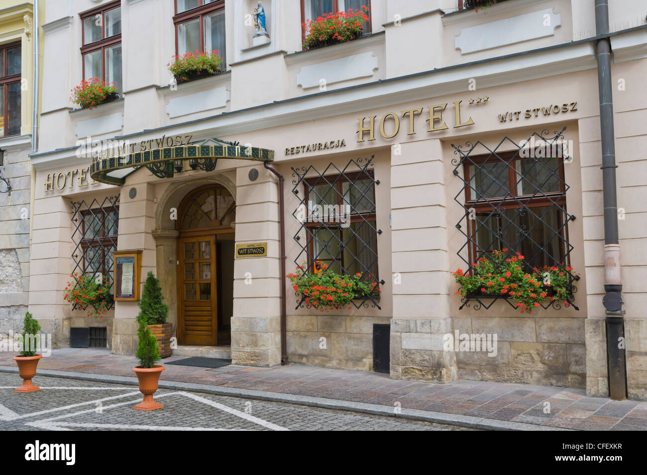 Wit Stwosz Hotel, ulica Mikolajska, Mikolajska Street,Old Cracow, Krakow, Malopolska Province, Lesser Poland Voivodeship, Poland Stock Photo