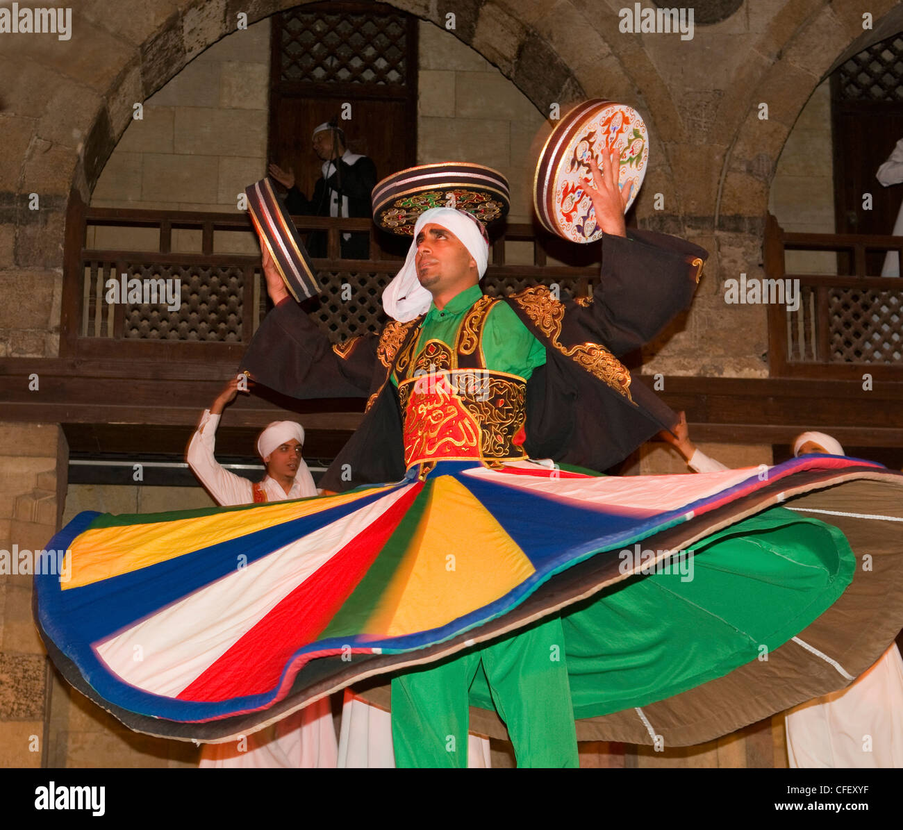 whirling dervish Sufi dancer in motion at performace in Cairo Egypt Stock Photo