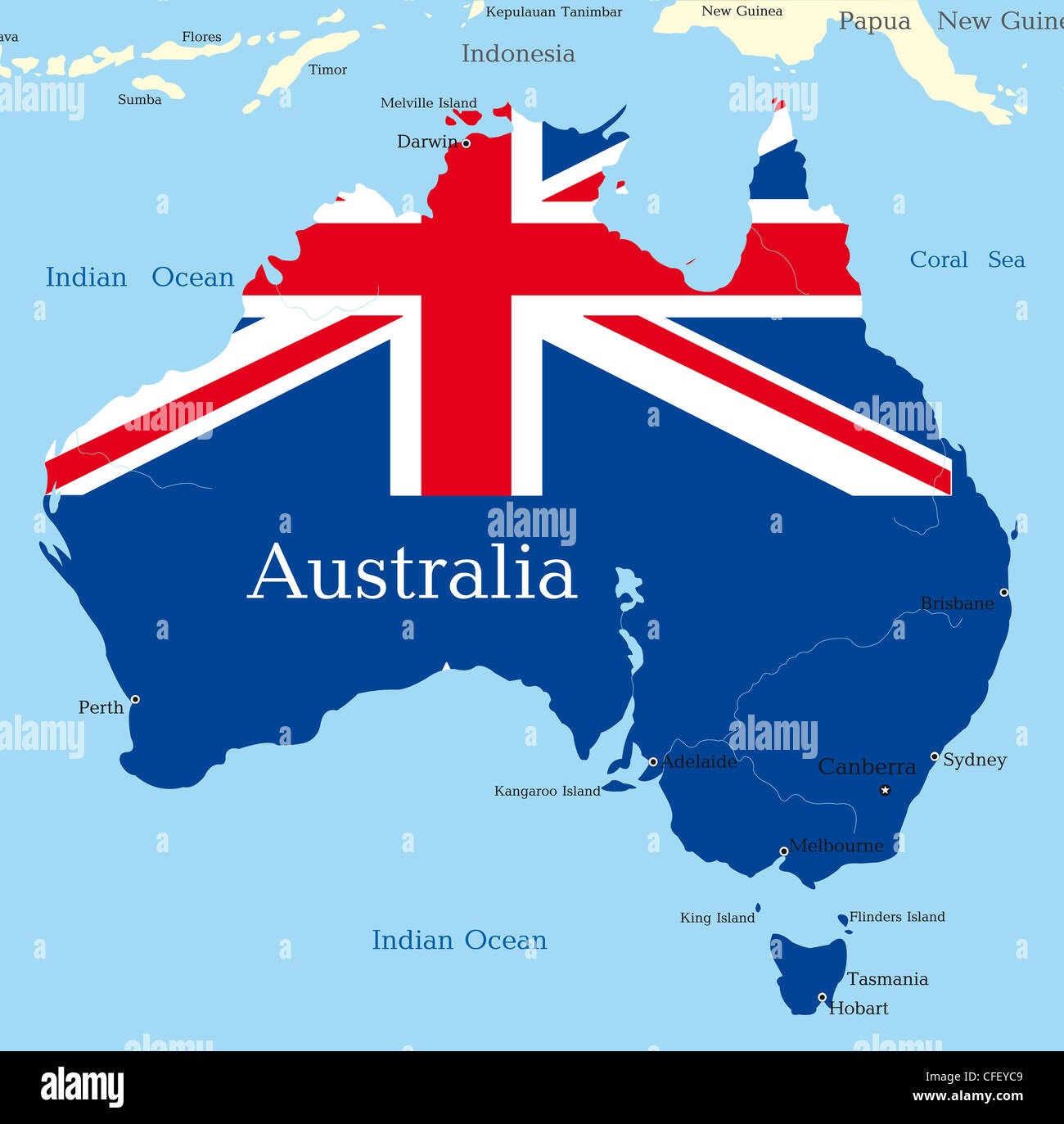 abstract map of australian continent colored by national flag stock