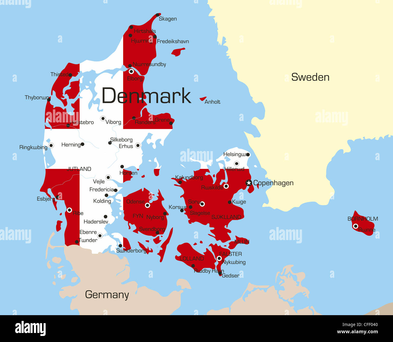 Abstract vector color map of Denmark country coloured by national flag